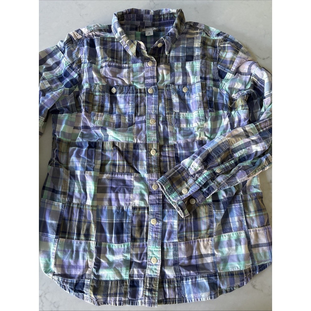 LL Bean Womens S Blue Madras Patchwork Plaid Button Up Shirt Cotton Roll Tab